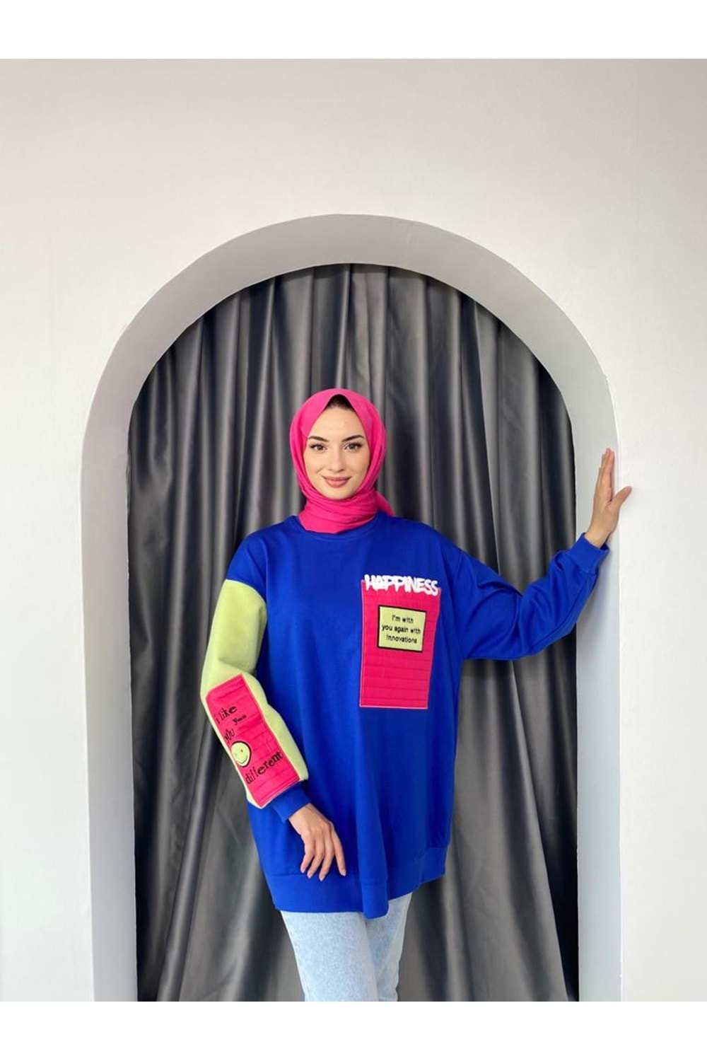 Paraşüt Ve Peluş Apikeli Sweat 0031348 - Saks Mavi - TEK BEDEN - AZRA03652-Saks Mavi-TEK BEDEN