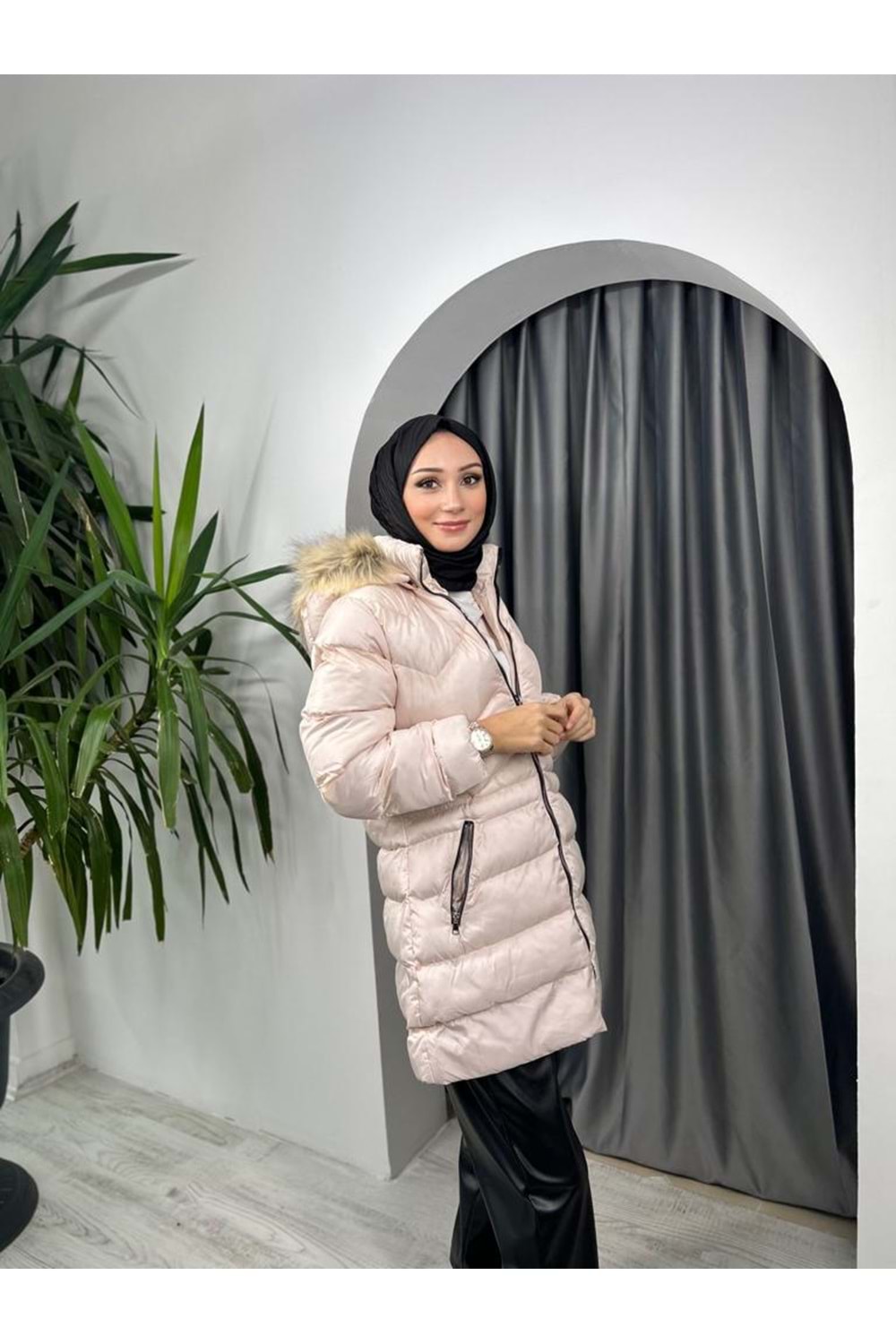 Metal Fermuarlı Mont 3000 - Pudra - 42 - AZRA03812-Pudra -42