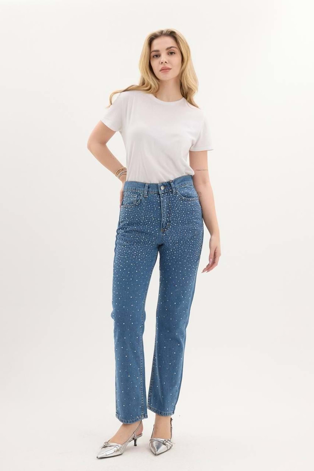 Taşlı Kot Pantolon 001 - Mavi - 42 - AZRA04088-Mavi-42