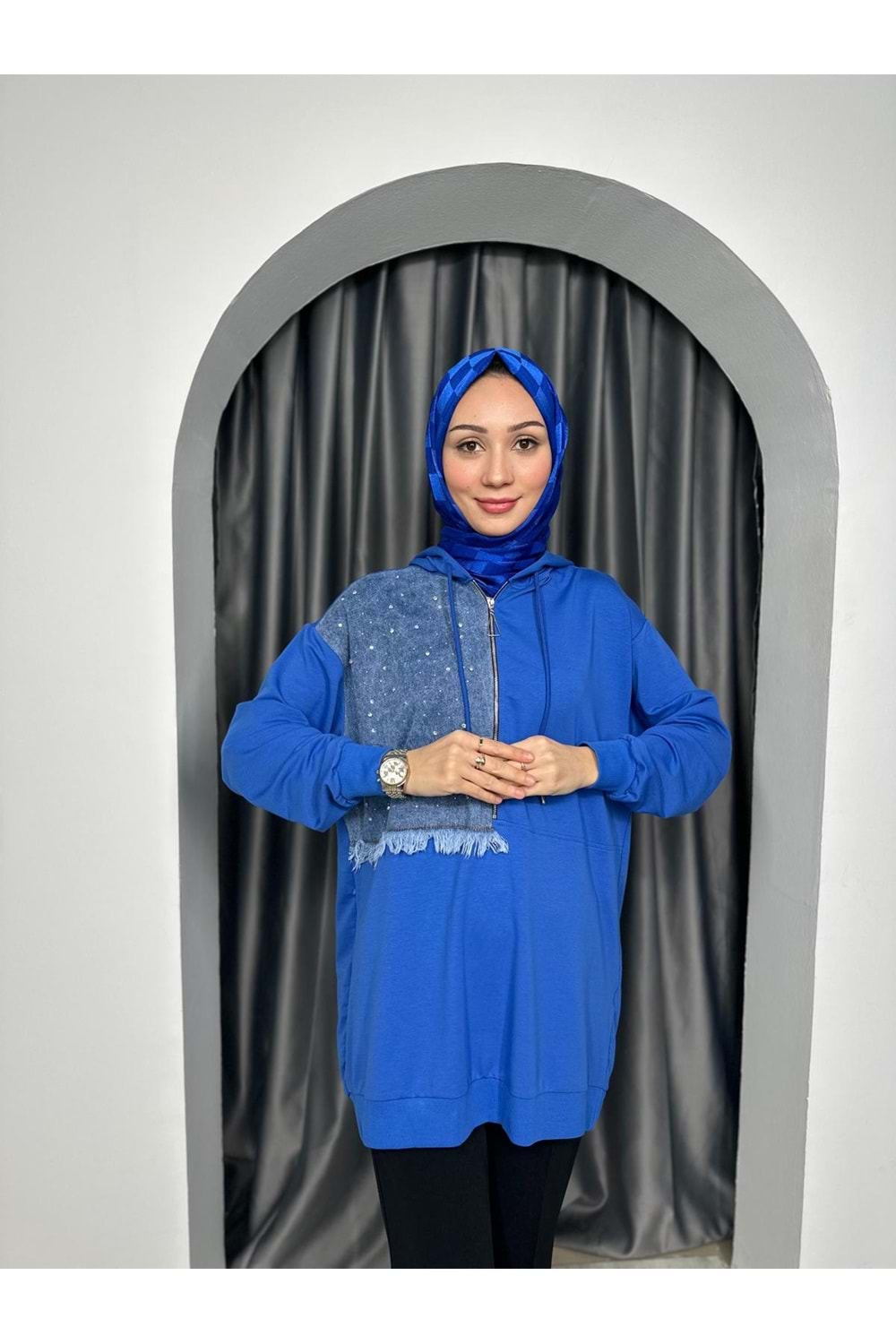 Kot Garnili Tunik 2481 - Saks Mavi - L-XL - AZRA04110-Saks Mavi-L-XL