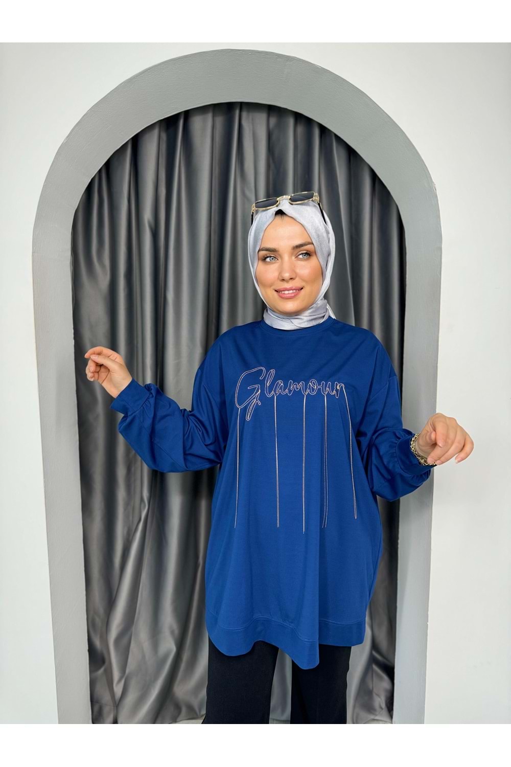 Zincir Nakışlı Tunik 15588 - Lacivert - TEK BEDEN