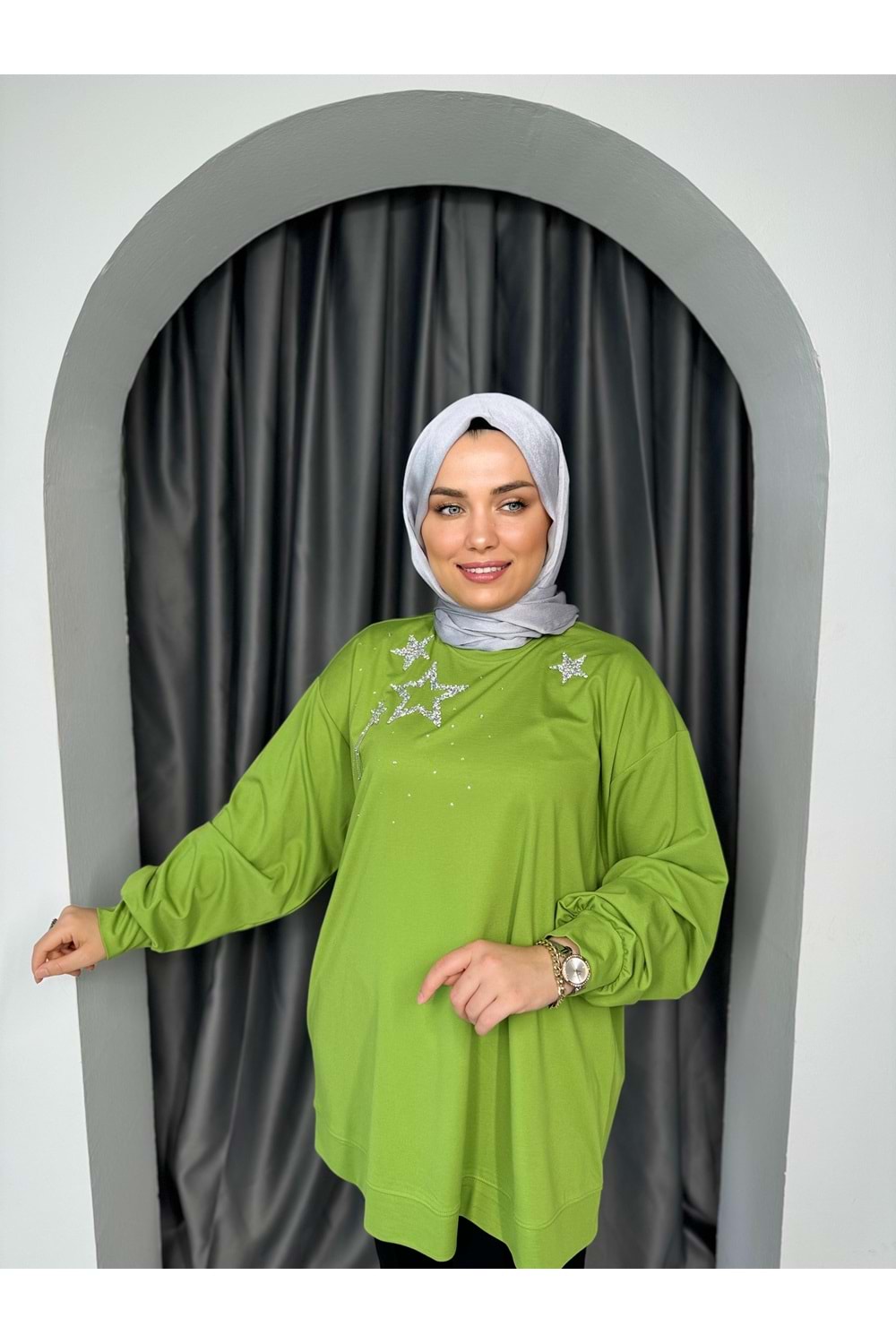 Yıldız Taşlı Modal Tunik 33008 - Yeşil - TEK BEDEN