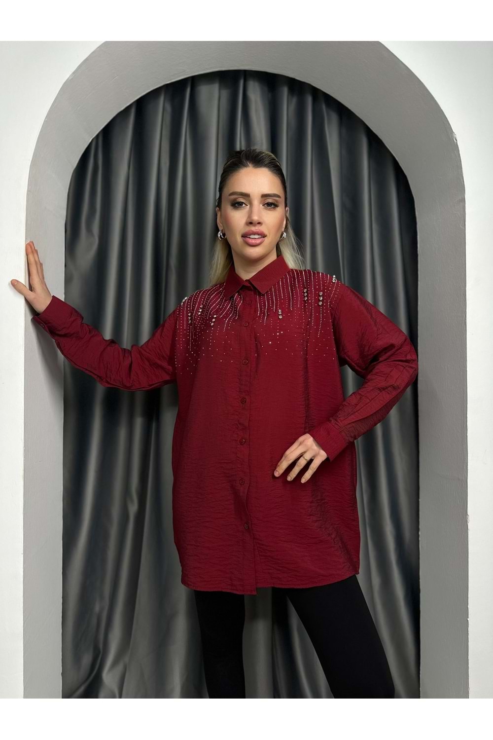 Önü Taş Detaylı Gömlek 69215 - Bordo - S-M - AZRA04789-44486