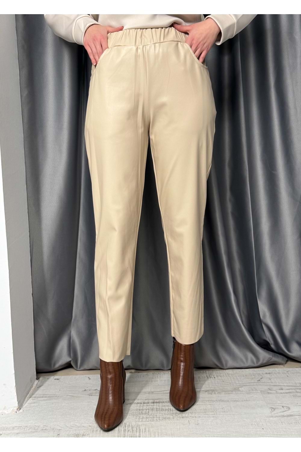 Deri Pantolon Beli Lastikli 18205 - Bej - S