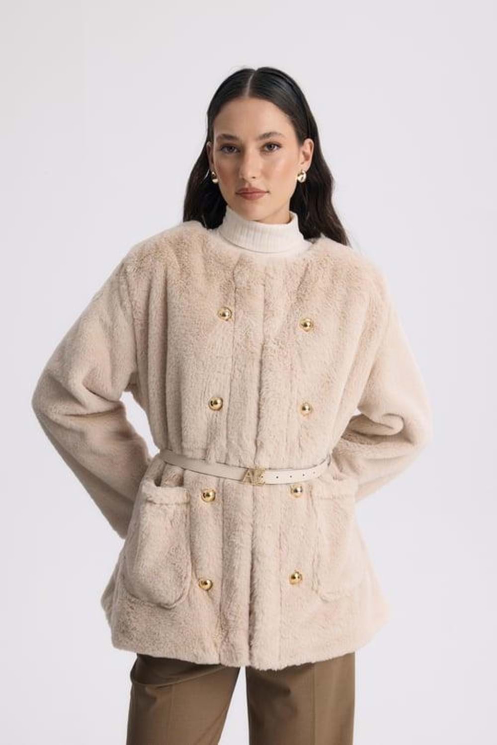Fayanna Cep Detaylı Kürk 6400 - Bej - L-XL - AZRA04962-Bej-L-XL