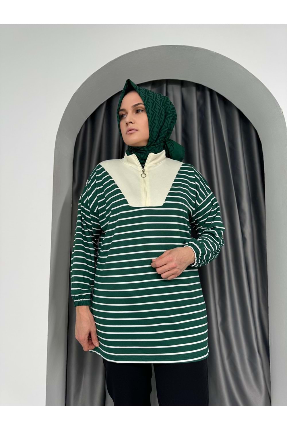 Yarım Fermuarlı Modal Çizgili Tunik 736 KS11 - Yeşil - S-M - AZRA04980-Yeşil-S-M