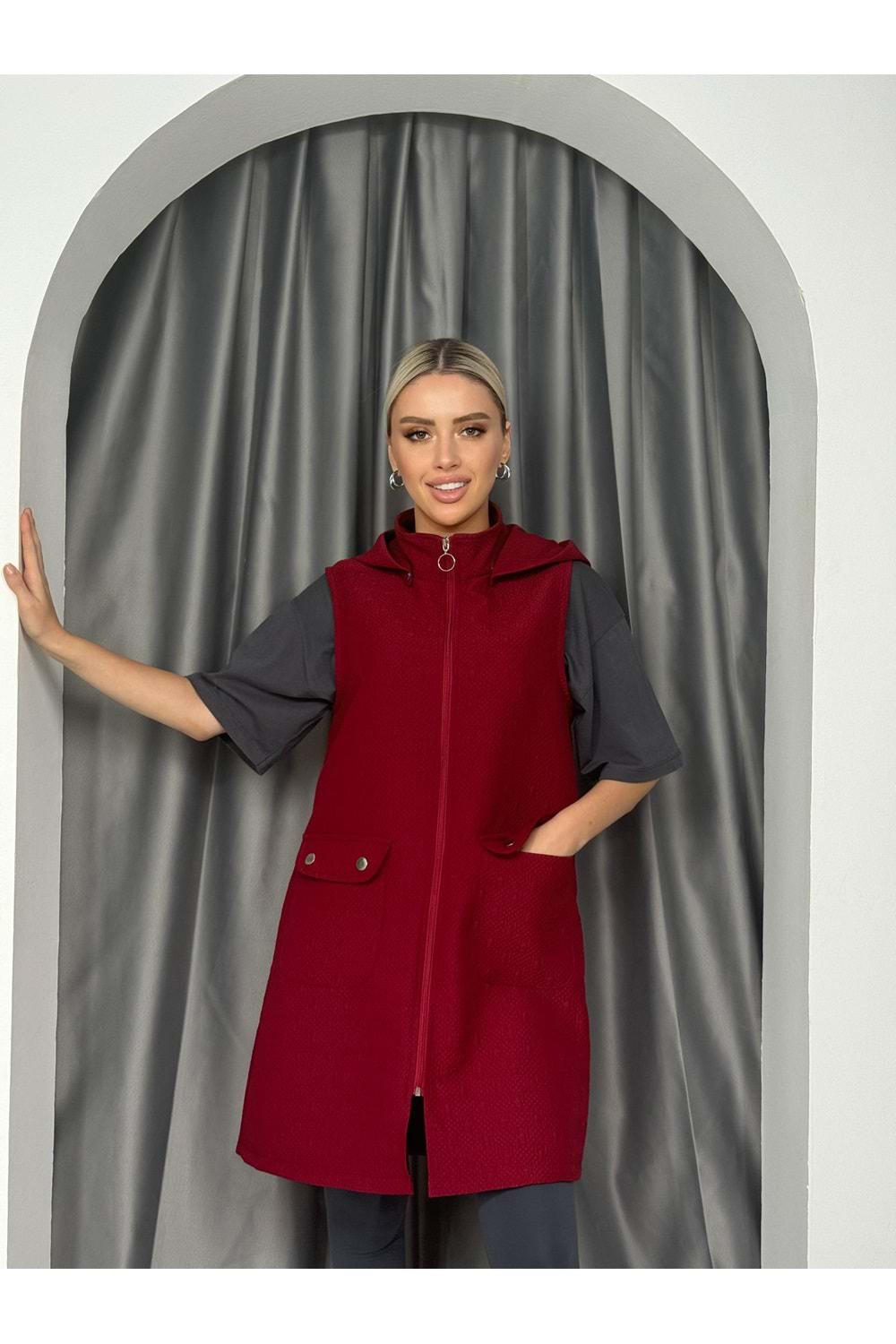 Kapitone Cepli Yelek 8026 - Bordo - L