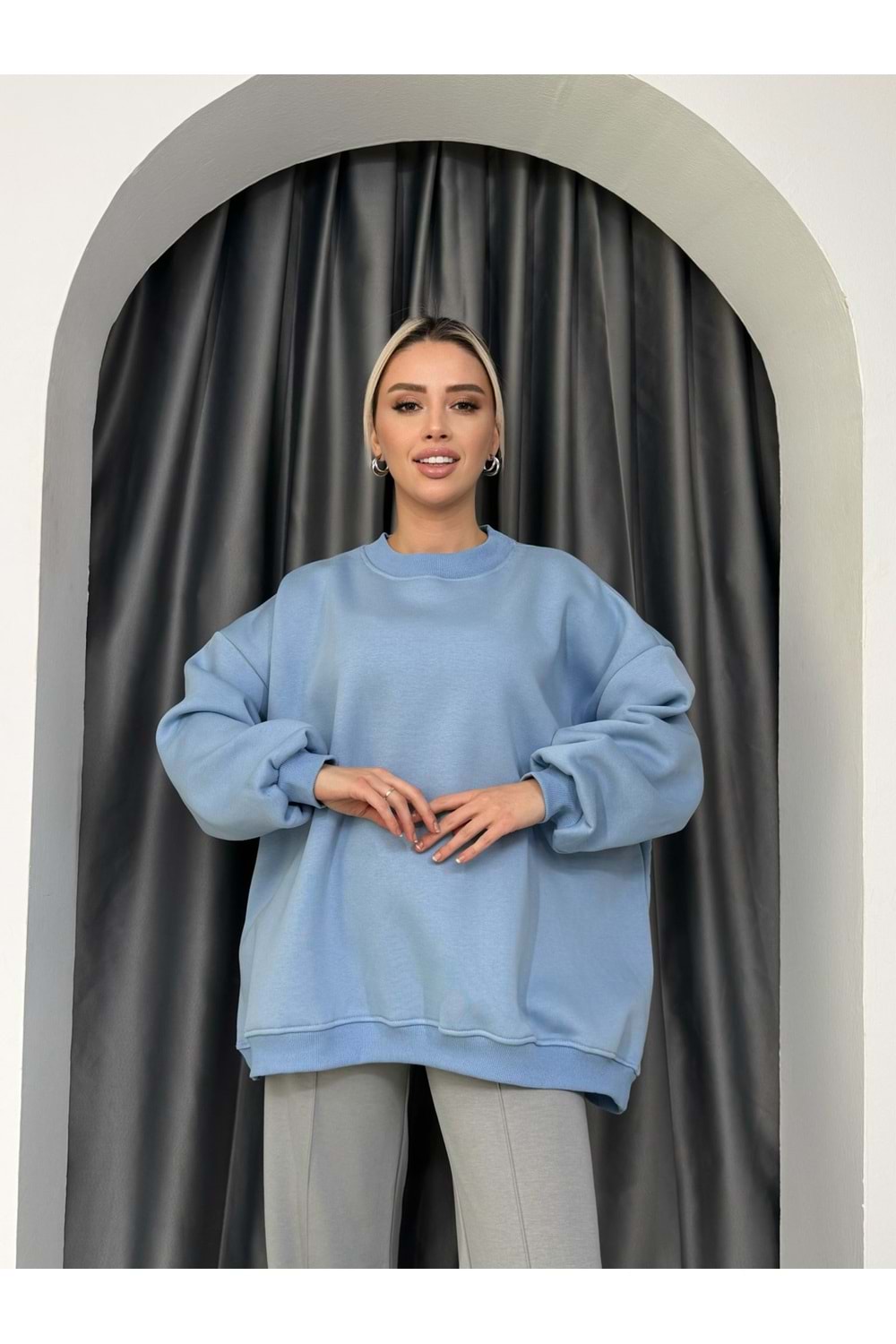 3 İplik Oversize Sweat 25291 - Bebe Mavisi - TEK BEDEN - AZRA05087-Bebe Mavis-TEK BEDEN