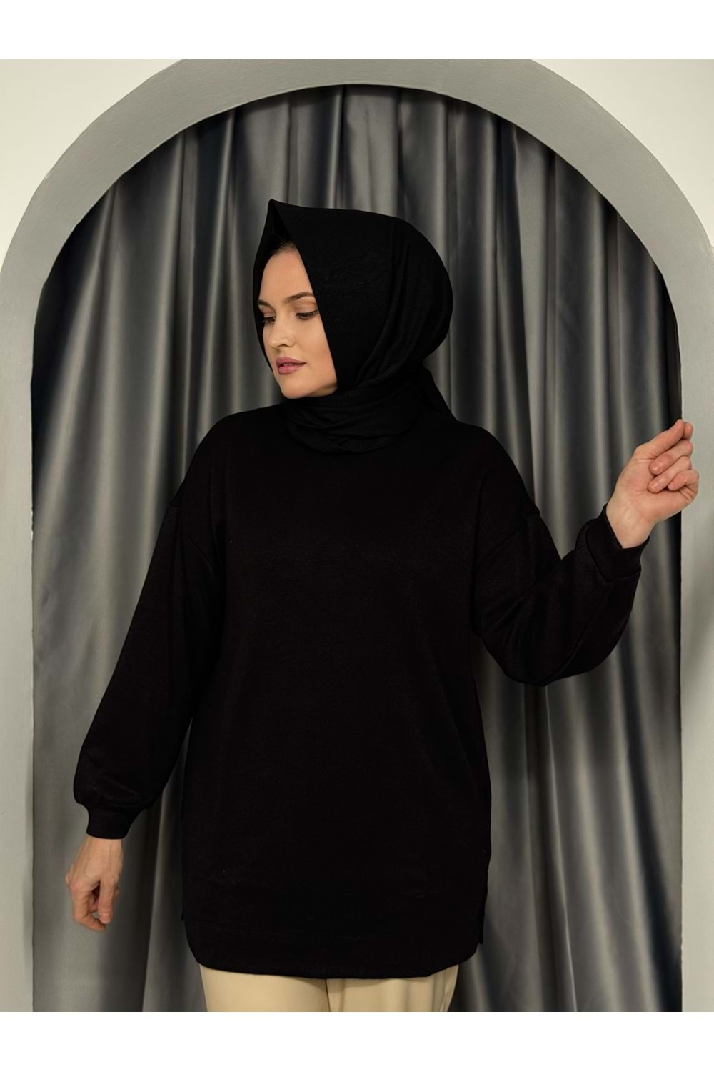 İkoll Oversize Melanj Tunik 31355 - Siyah - TEK BEDEN
