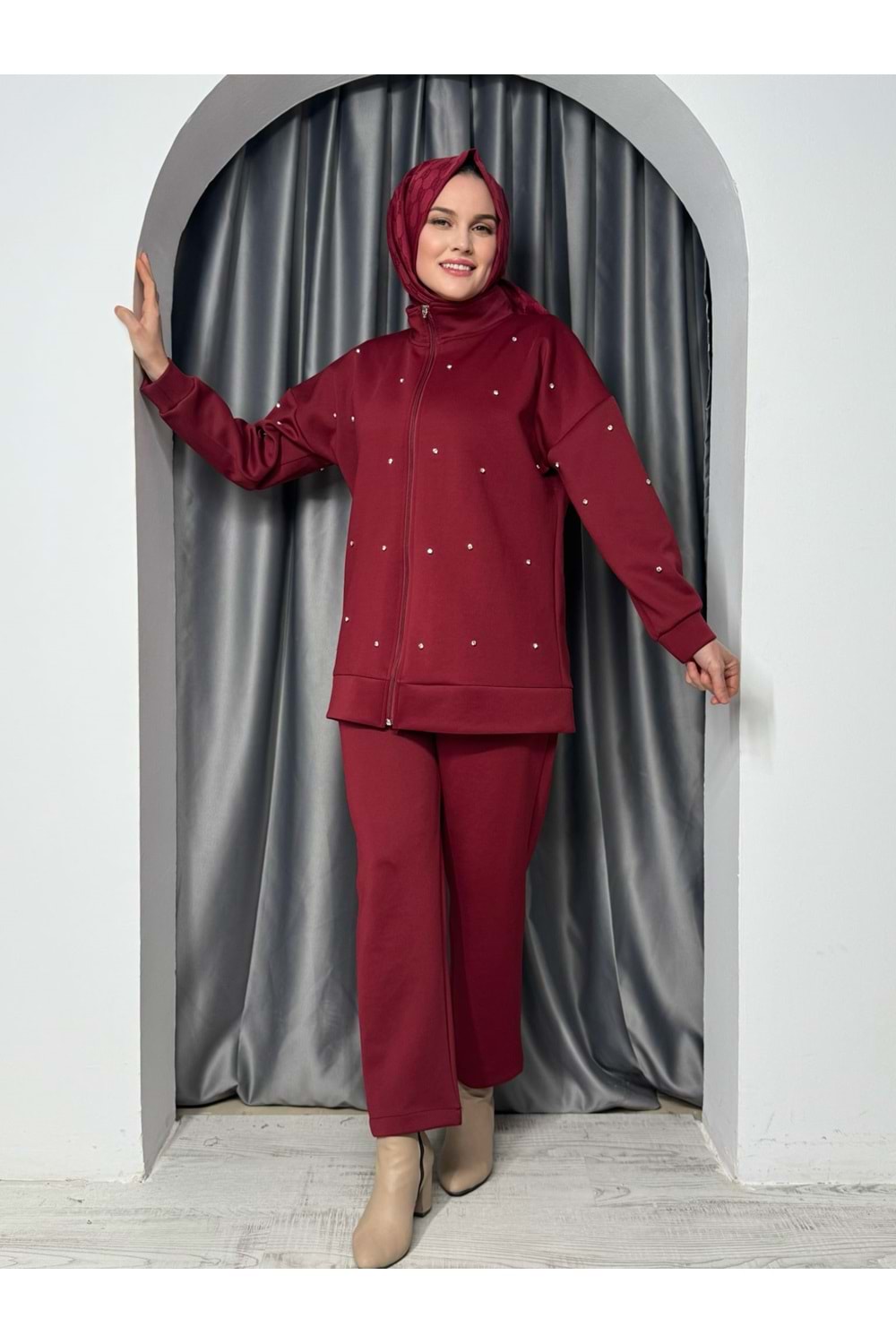 Fermuarlı Taşlı Scuba Takım 1240 - Bordo - 42