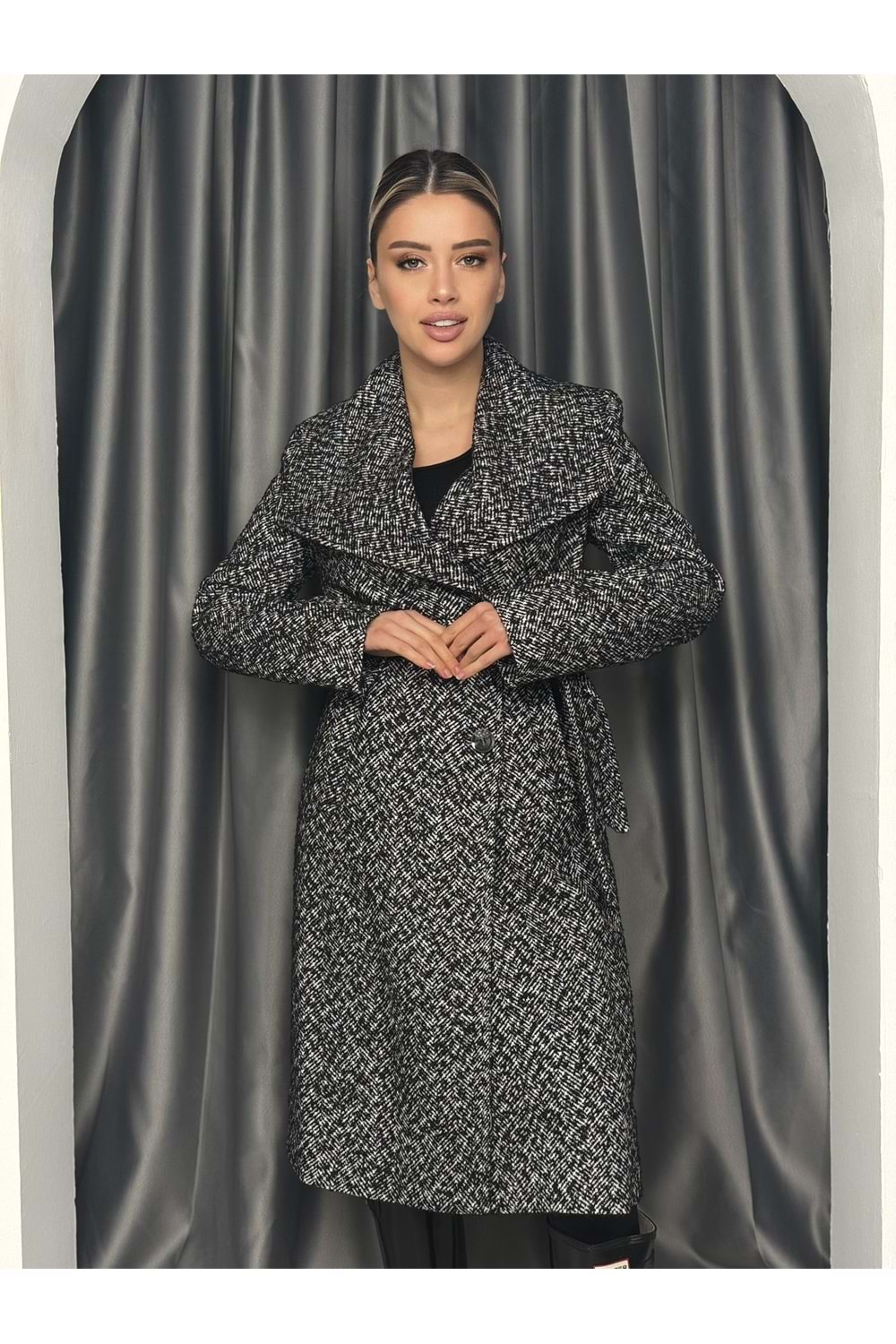 Geniş Şal Yaka Kaban 31161 - azra fashion - Siyah - M