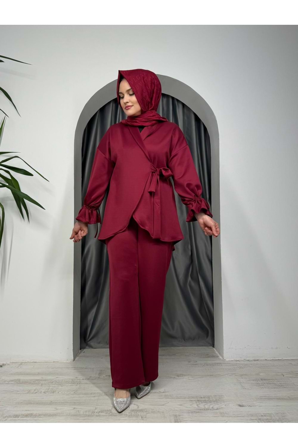 Bağlamalı Kolları Büzgülü Takım 6041 - Bordo - S - AZRA05277-43751