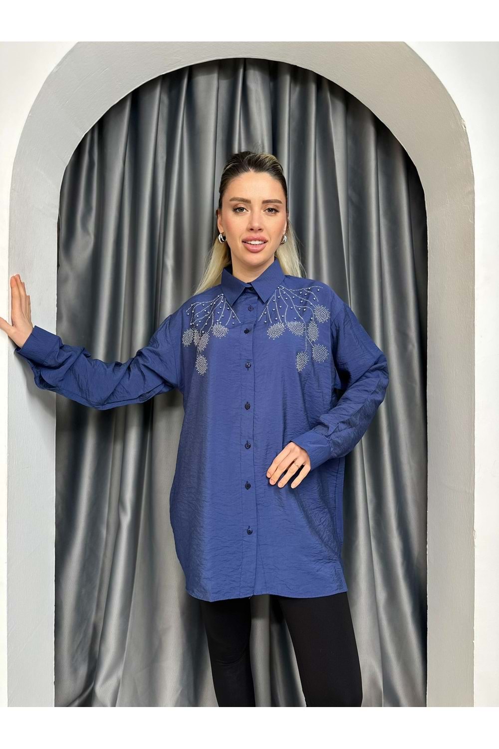 İşlemeli Boncuklu Gömlek 671 - Mavi - L-XL - AZRA05339-44459