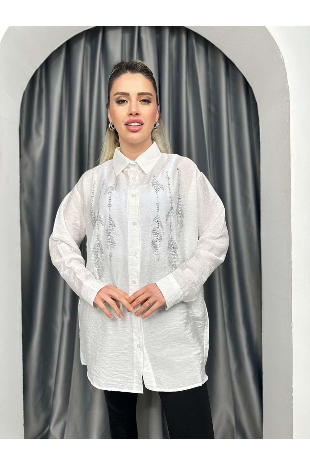 Rita Taş İnci Detaylı Gömleek 761 - Krem - L-XL - AZRA05340-44466