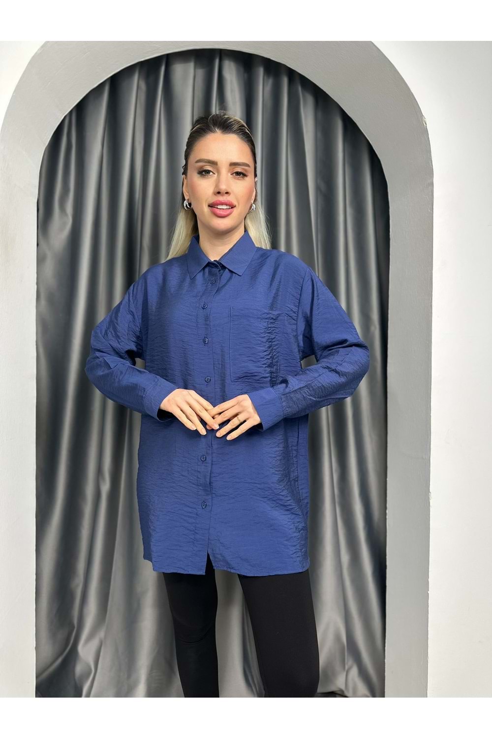 Rita Oversize Tek Cepli Gömlek 688 - Lacivert - S-M - AZRA05341-44480