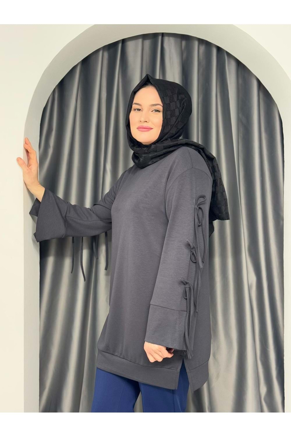 Kolları Fiyonk Detaylı Tunik 25824 - Füme - L - AZRA05351-44616