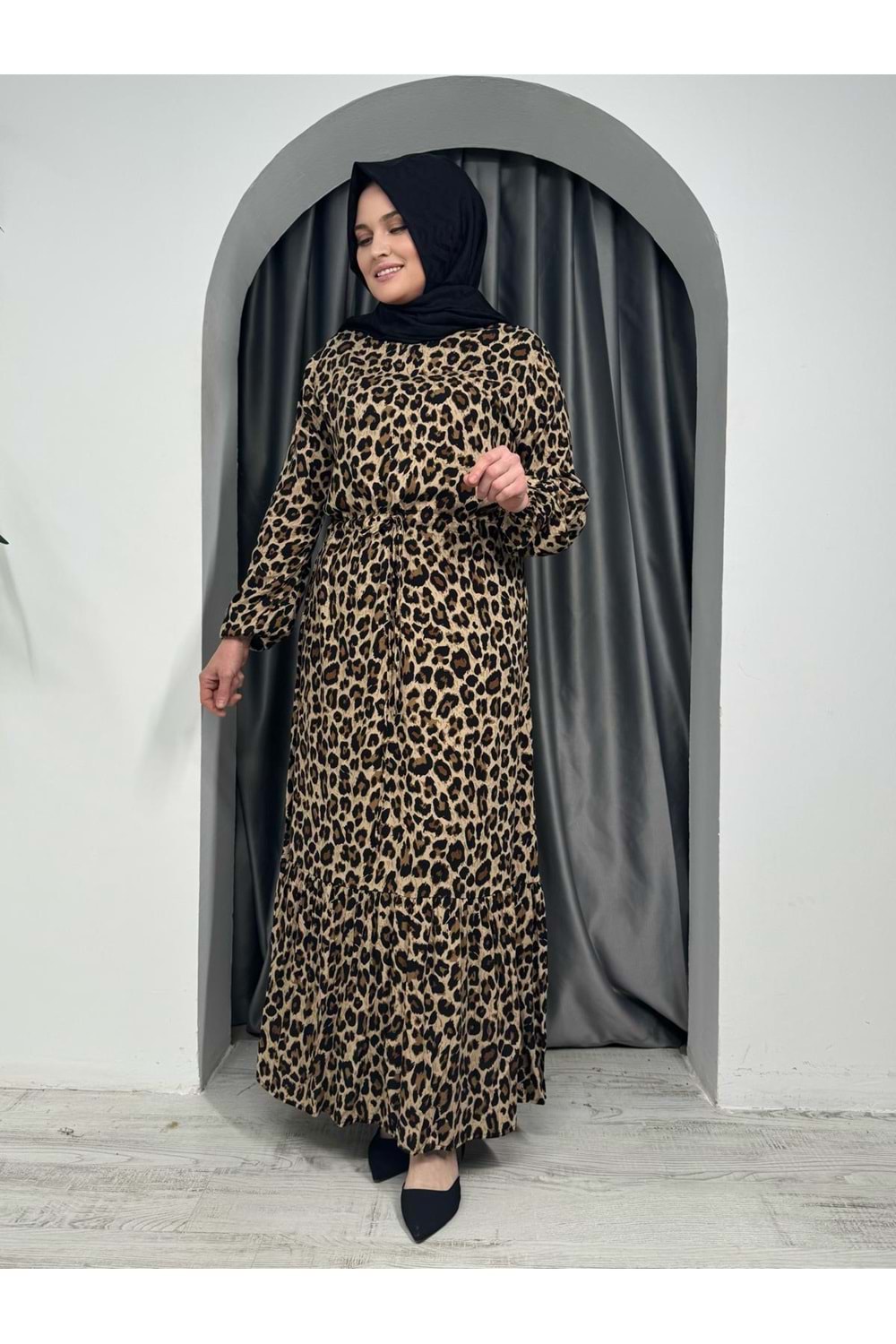 Kolları Lastikli Leopar Elbise 7889 - Kahve Rengi - 40-42 - AZRA05420-45430