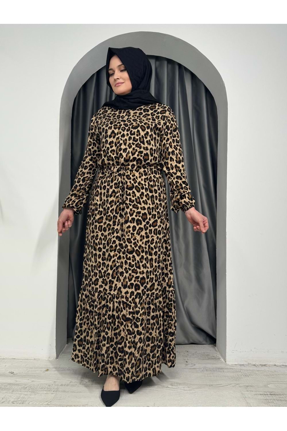 Kolları Lastikli Leopar Elbise 7889 - Kahve Rengi - 40-42 - AZRA05420-45430