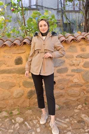 8137 Kadın İçi Şardonlu Mont 75cm - Bej - 40 - AZRA02189-Bej-40
