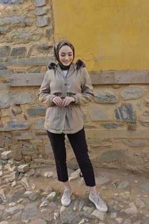 8137 Kadın İçi Şardonlu Mont 75cm - Bej - 40 - AZRA02189-Bej-40