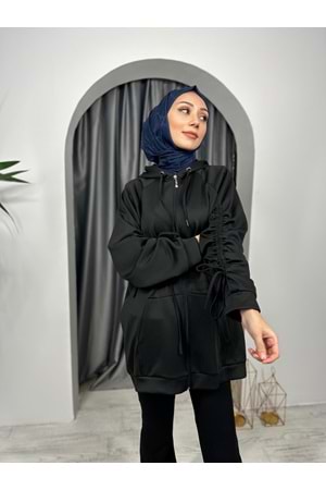 Scuba Kapşonlu Fermuarlı Tunik 4044 - Siyah - S-M - AZRA03764-Siyah-S-M