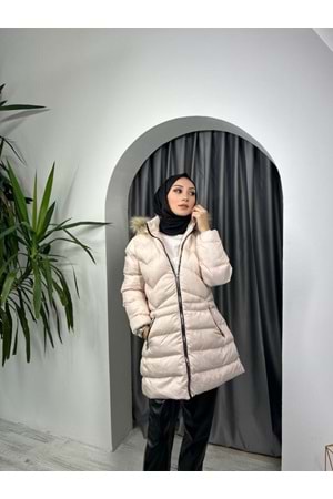 Metal Fermuarlı Mont 3000 - Pudra - 42 - AZRA03812-Pudra -42