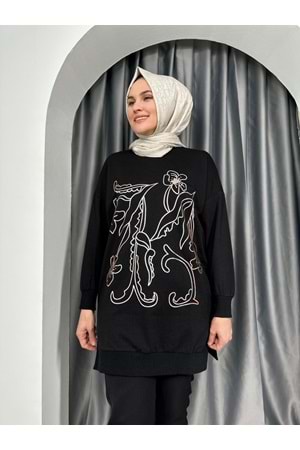 Puane Önü Çiçek Detaylı Tunik 10448 - Siyah - S-M - AZRA04211-Siyah-S-M