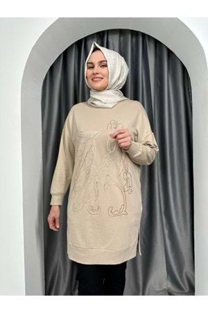 Puane Önü Çiçek Detaylı Tunik 10448 - Sütlü Kahve - S-M - AZRA04211-Sütlü Kahve-S-M