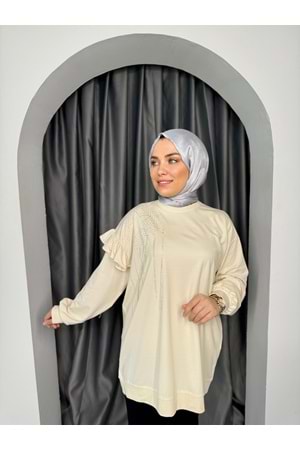Taş Ve Fırfır Detaylı Tunik 15609 - Krem - TEK BEDEN - AZRA04633-Krem-TEK BEDEN