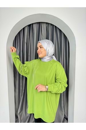Taş Ve Fırfır Detaylı Tunik 15609 - Yeşil - TEK BEDEN - AZRA04633-Yeşil-TEK BEDEN