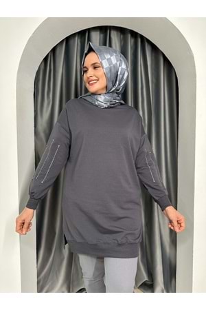 Kolları Taş Detaylı İki İplik Tunik 25156 - Füme - S-M
