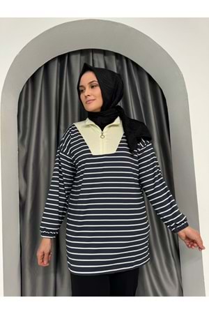 Yarım Fermuarlı Modal Çizgili Tunik 736 KS11 - Füme - L-XL - AZRA04980-Füme-L-XL