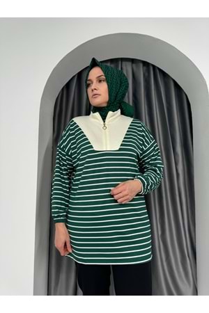 Yarım Fermuarlı Modal Çizgili Tunik 736 KS11 - Yeşil - S-M - AZRA04980-Yeşil-S-M