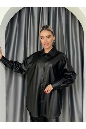 İkoll Oversize Deri Gömlek 33690 - Siyah - TEK BEDEN - AZRA05062-Siyah-TEK BEDEN