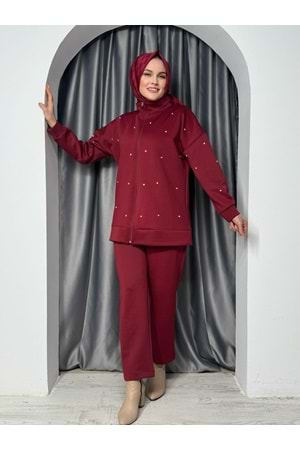Fermuarlı Taşlı Scuba Takım 1240 - Bordo - 42