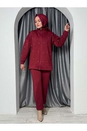 Fermuarlı Taşlı Scuba Takım 1240 - Bordo - 42