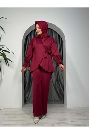 Bağlamalı Kolları Büzgülü Takım 6041 - Bordo - S - AZRA05277-43751