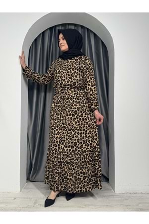 Kolları Lastikli Leopar Elbise 7889 - Kahve Rengi - 40-42 - AZRA05420-45430
