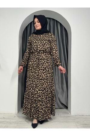 Kolları Lastikli Leopar Elbise 7889 - Kahve Rengi - 40-42 - AZRA05420-45430
