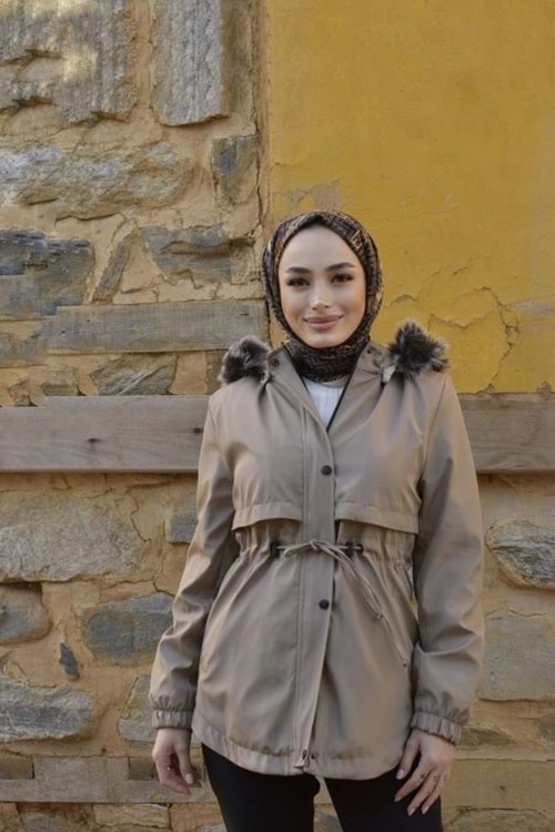 8137 Kadın İçi Şardonlu Mont 75cm - Bej - 40 - AZRA02189-Bej-40