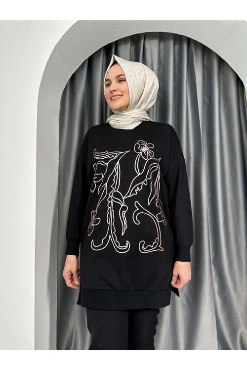 Puane Önü Çiçek Detaylı Tunik 10448 - Siyah - S-M - AZRA04211-Siyah-S-M