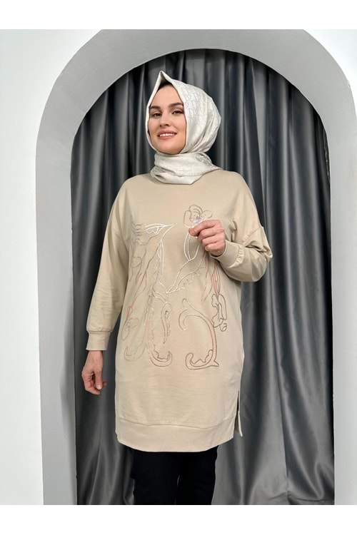Puane Önü Çiçek Detaylı Tunik 10448 - Sütlü Kahve - S-M - AZRA04211-Sütlü Kahve-S-M