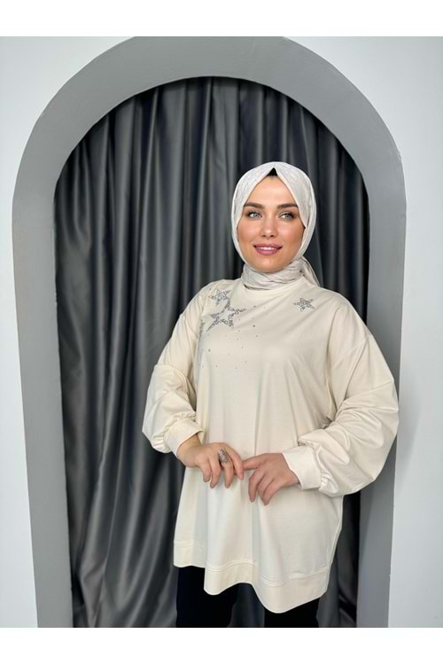 Yıldız Taşlı Modal Tunik 33008 - Krem - TEK BEDEN