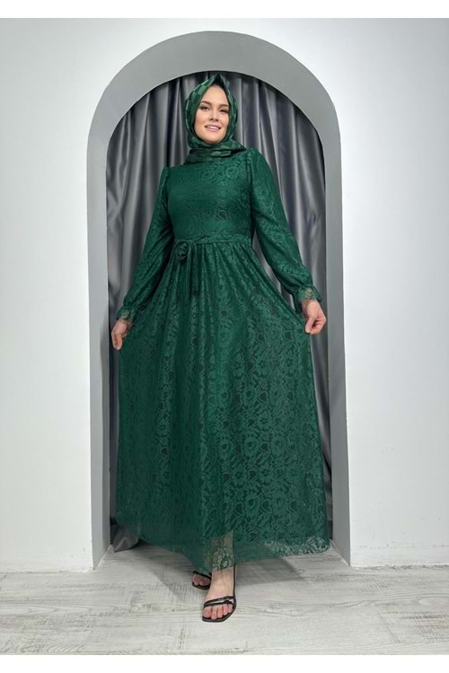Kuşaklı Dantel Elbise 2294 - Yeşil - 48