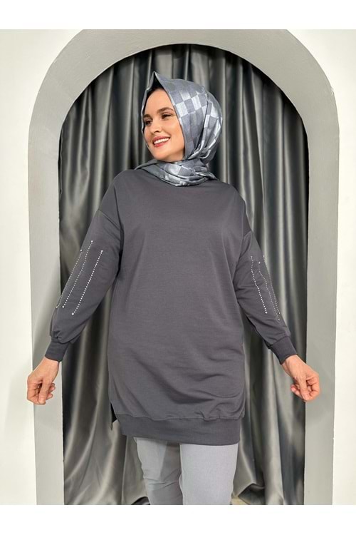 Kolları Taş Detaylı İki İplik Tunik 25156 - Füme - S-M
