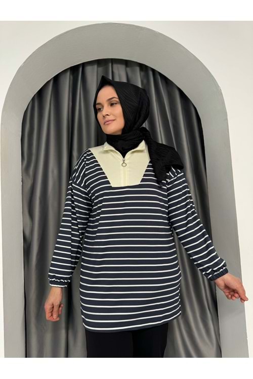 Yarım Fermuarlı Modal Çizgili Tunik 736 KS11 - Füme - L-XL - AZRA04980-Füme-L-XL