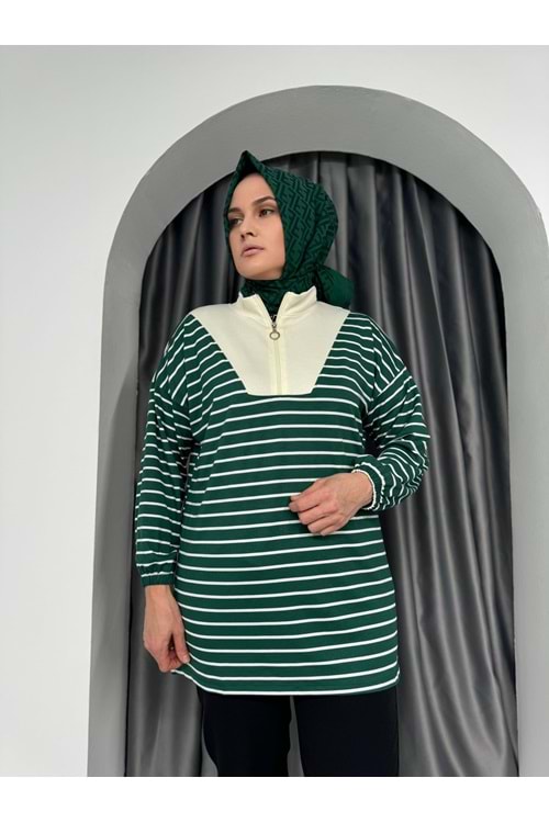 Yarım Fermuarlı Modal Çizgili Tunik 736 KS11 - Yeşil - S-M - AZRA04980-Yeşil-S-M