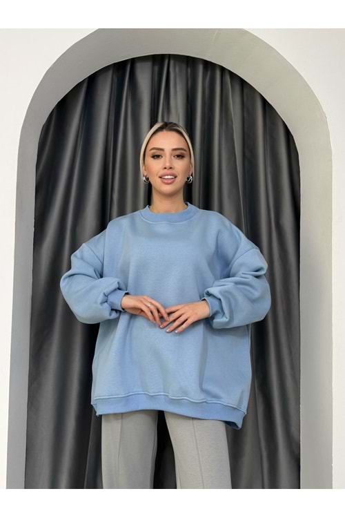 3 İplik Oversize Sweat 25291 - Bebe Mavisi - TEK BEDEN - AZRA05087-Bebe Mavis-TEK BEDEN