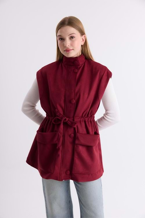 Sendy Belden Bağlamalı Süet Yelek 7245 - Bordo - L-XL - AZRA05108-Bordo-L-XL