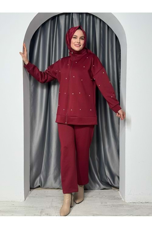 Fermuarlı Taşlı Scuba Takım 1240 - Bordo - 42